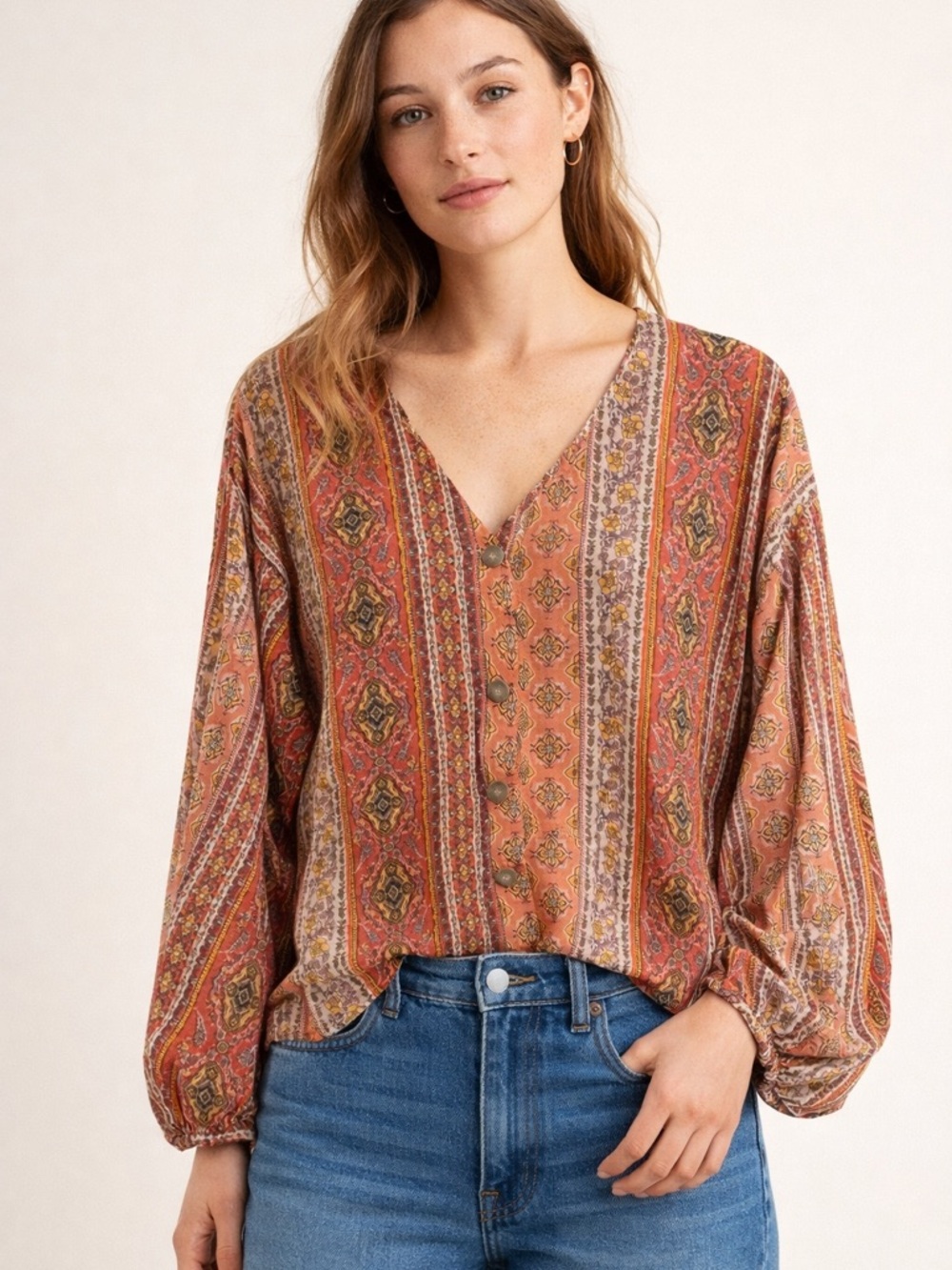 Buckle/Daytrip Rust-Print V-Neck Button Peasant Blouse